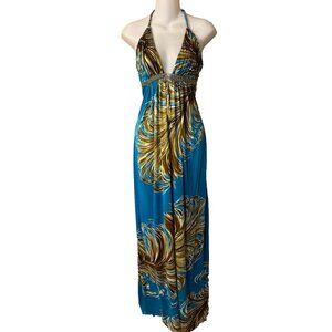 Sky Brand Silk Maxi Dress S Blue Gold Goldtone Feather Chains Jewelry NEW